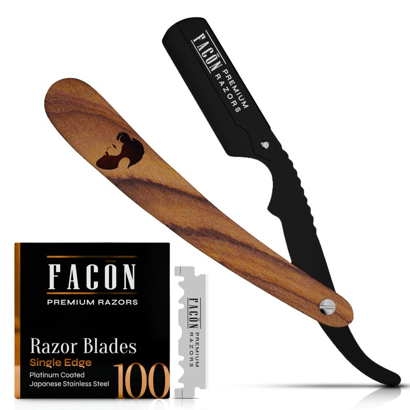 FACON FacÃ³n Straight Razors for Men - Professional Barber Straight Edge Razor Kit with 100 Blades, Wooden Stainless Steel Barbero Shaver for a Smooth & Precise Shave, Premium Barber Razor for Men's Shaving - Image 1